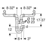 Sifón curvo Geberit para dos fregaderos, con boquilla de escuadra para manguera, salida horizontal: d=40mm, G=1 1/2″, Blanco alpino